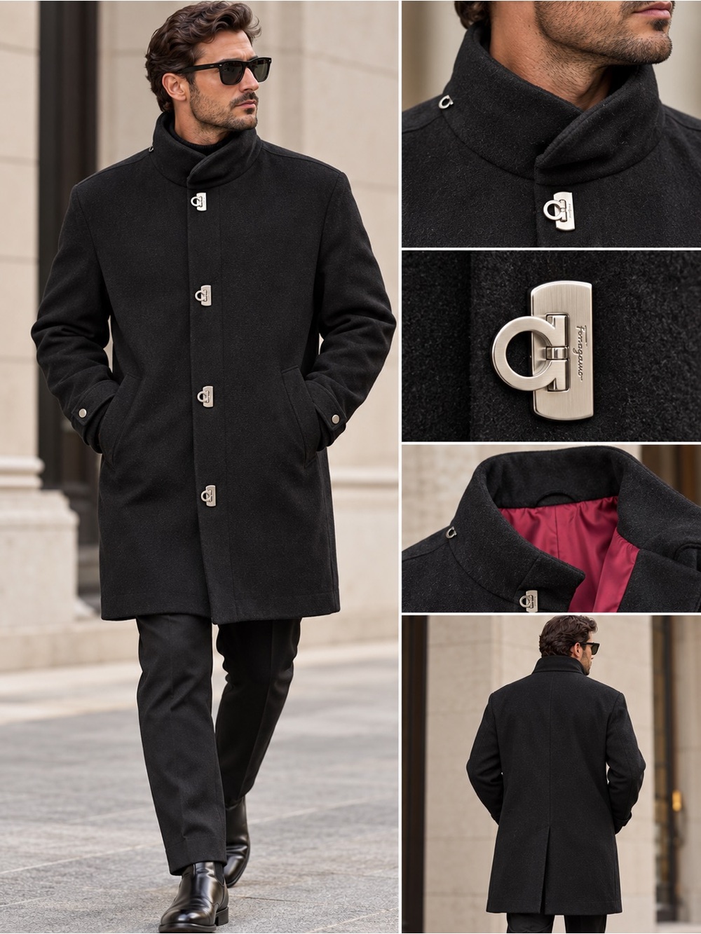 Salvatore Ferragamo Black Wool/ Kashmir Pea Coat with Silver Hardware